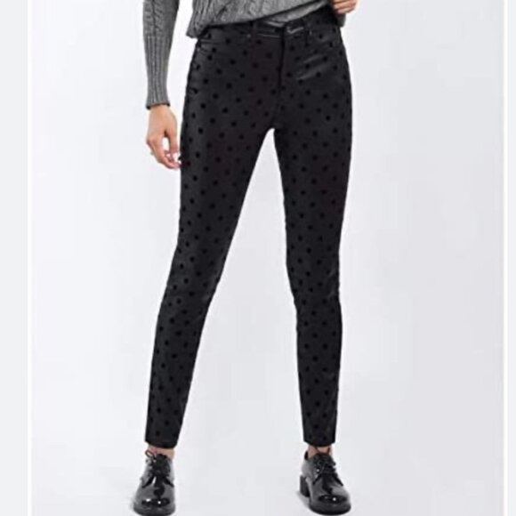 Joe Fresh NEW Slim Polka Dot Black Stretch Pants Zipper Cotton Velvet Pockets 10 - Picture 1 of 12